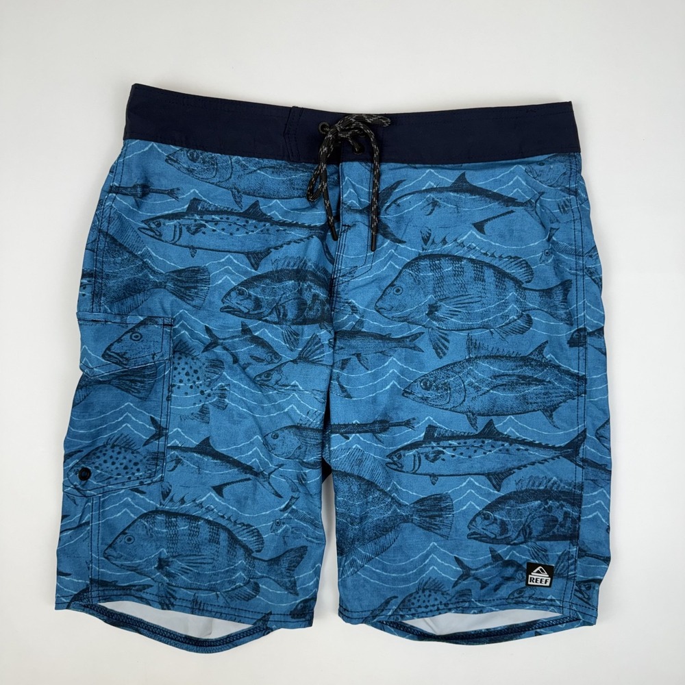 Mens Reef  To Trip On Boardshorts Teal Fish Swim Trunks Size 32 GUC